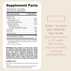 Boobie Bar ingredient list highlighting superfoods like moringa and flaxseed for nourishment.