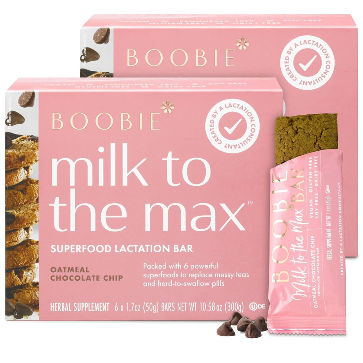 Boobie Bar packaging close-up showing branding and ready-to-eat lactation snack.