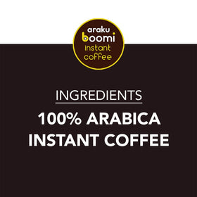Boomi mold-free label close-up, reassuring purity for clean instant coffee.