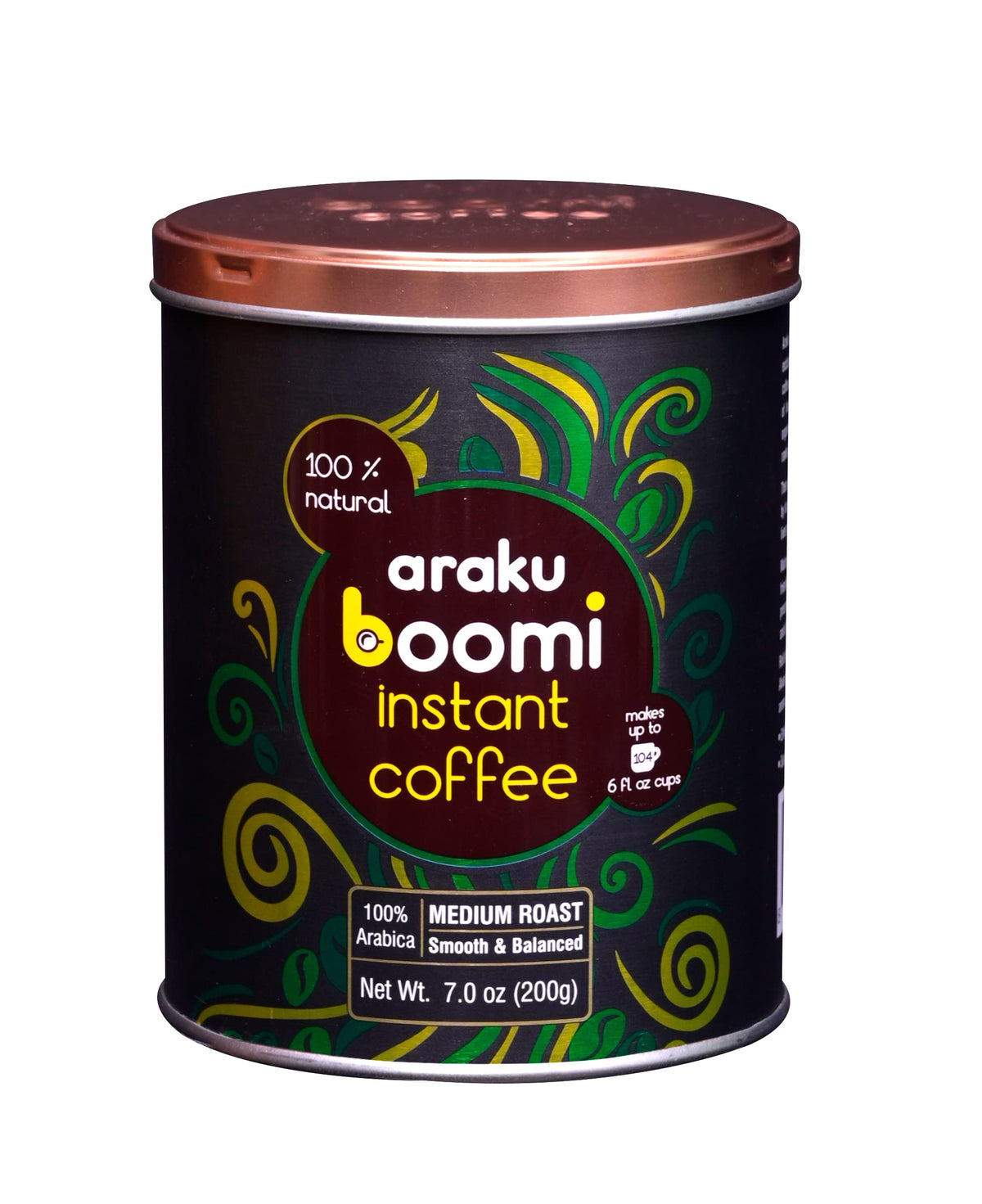 Boomi Instant Coffee premium tin front view for a smooth medium roast morning.