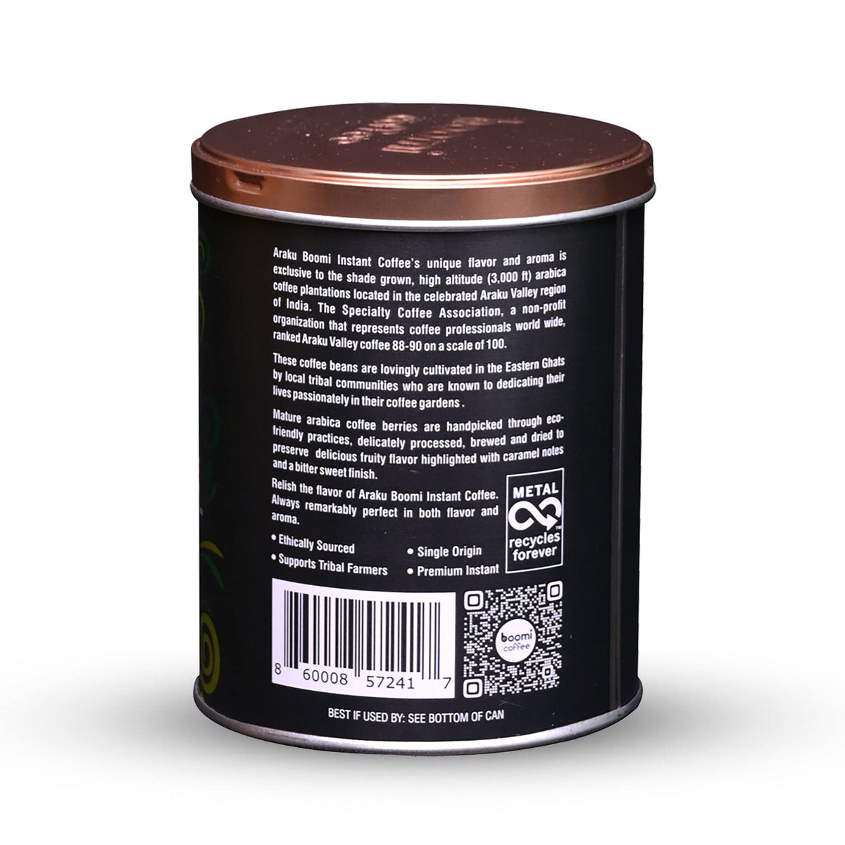 Boomi recyclable tin eco-pack, emphasizing sustainability and convenient reuse.