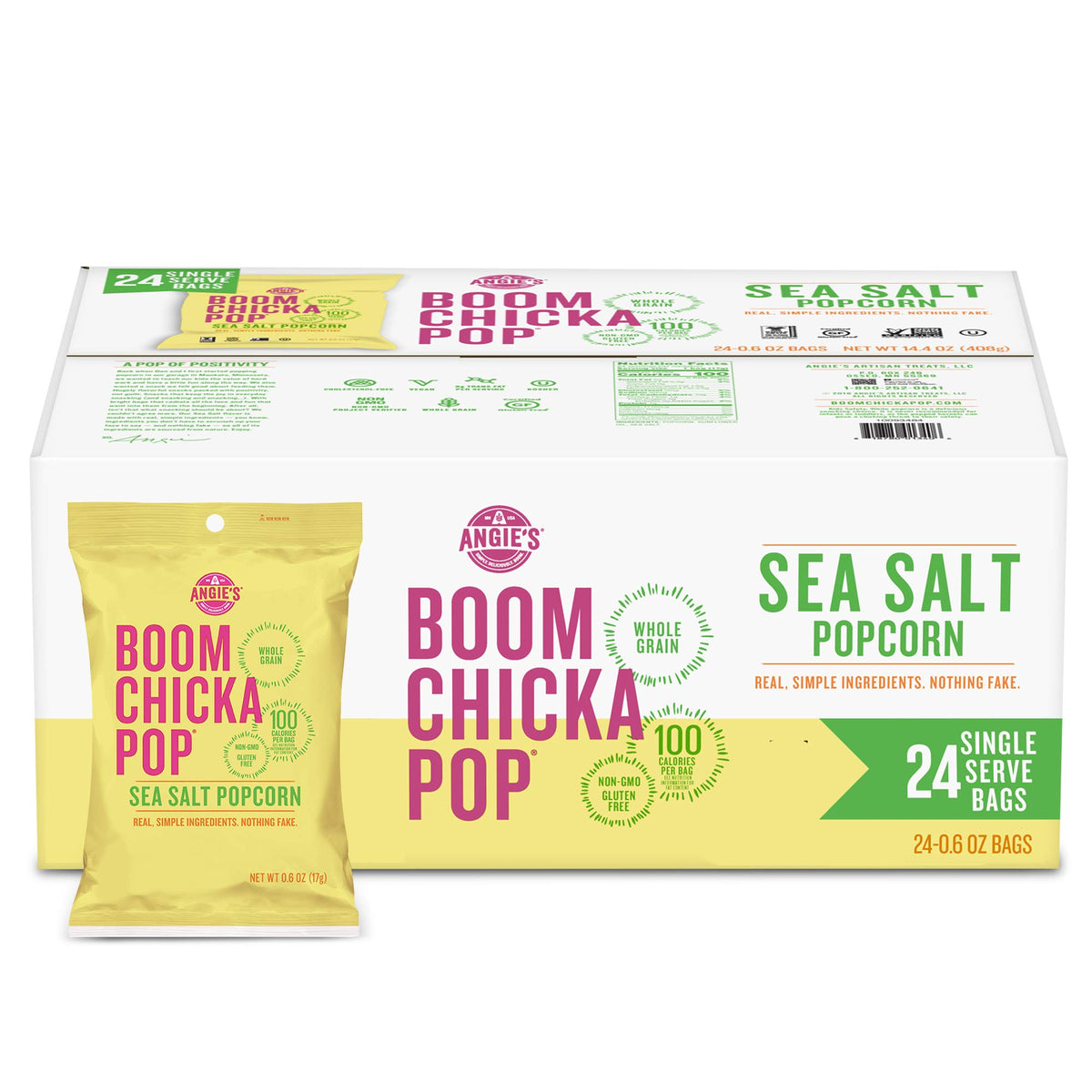 Angie's BOOMCHICKAPOP Sea Salt Popcorn bag, gluten-free and ready to eat, great for lunchboxes.