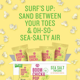 Angie's BOOMCHICKAPOP Sea Salt Popcorn in a lunchbox, gluten-free and tasty.
