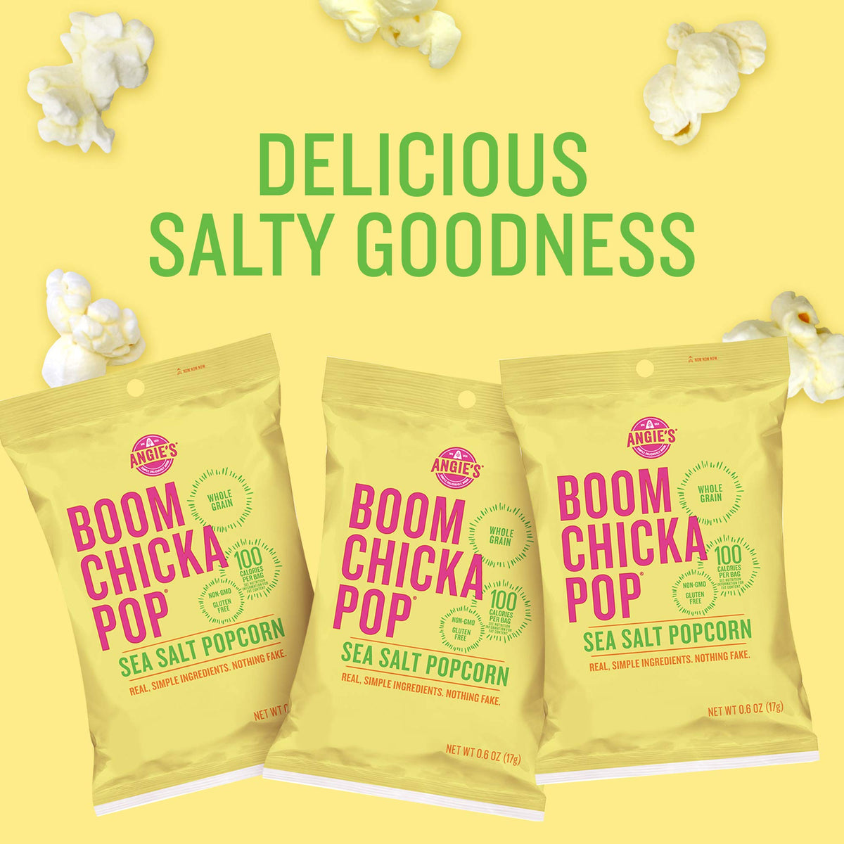 Angie's BOOMCHICKAPOP Sea Salt Popcorn pack of 24—perfect for road trips.