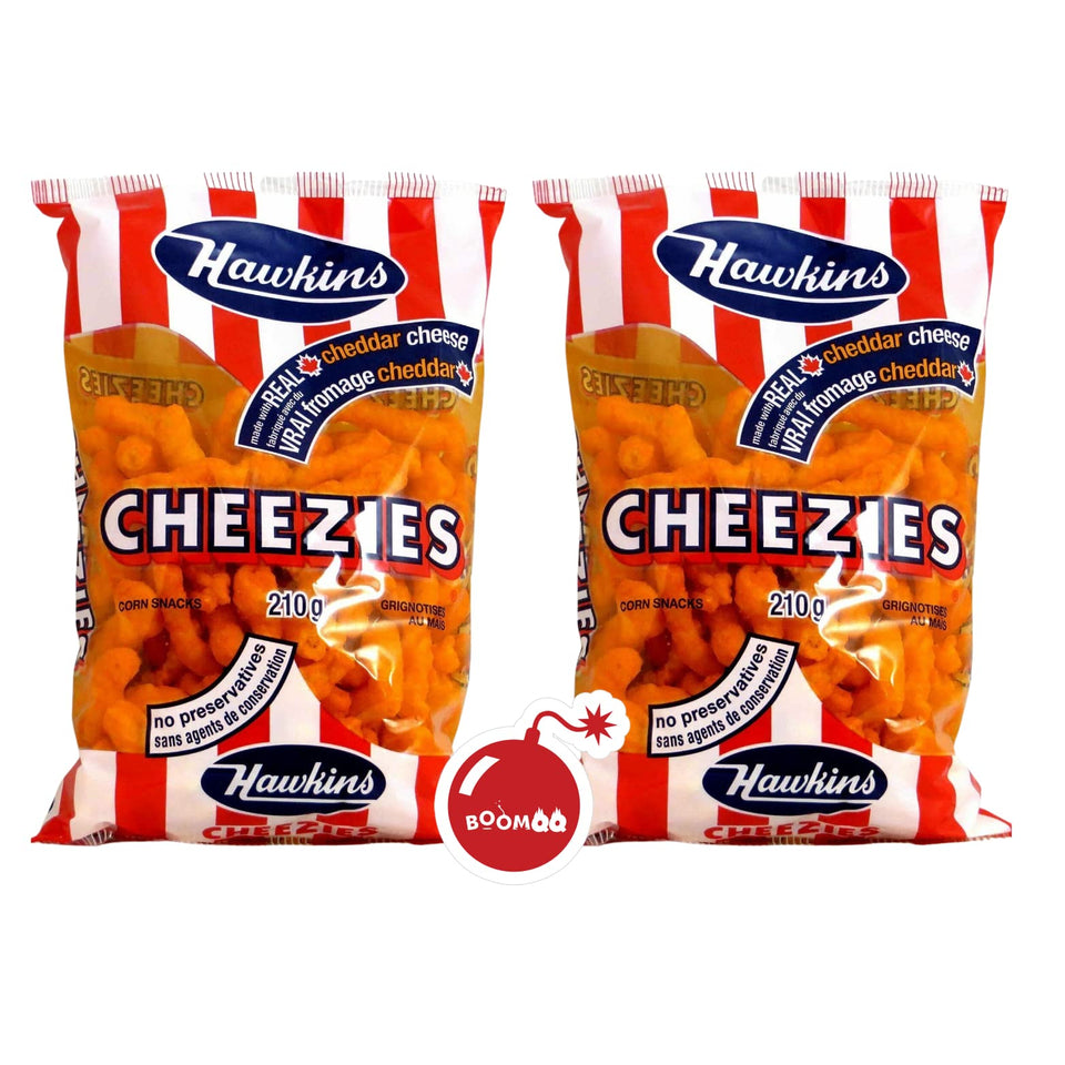 BOOMQQ Hawkins Cheezies bag 210g with BoomQQ sticker, ready for sharing.