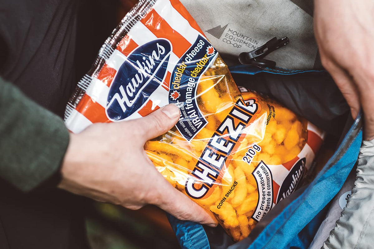 Serving idea shows Hawkins Cheezies for desk snacking or movie night.