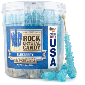 Boone's Mill Blue Blueberry rock candy stick close-up, vibrant sugar crystals for elegant party decor