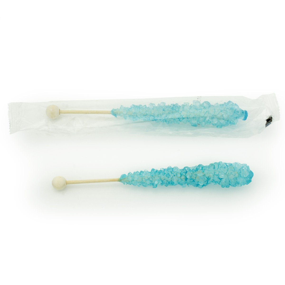 Boone's Mill Blue Blueberry rock candy stick in clear wrapper, crystal shine in warm weather