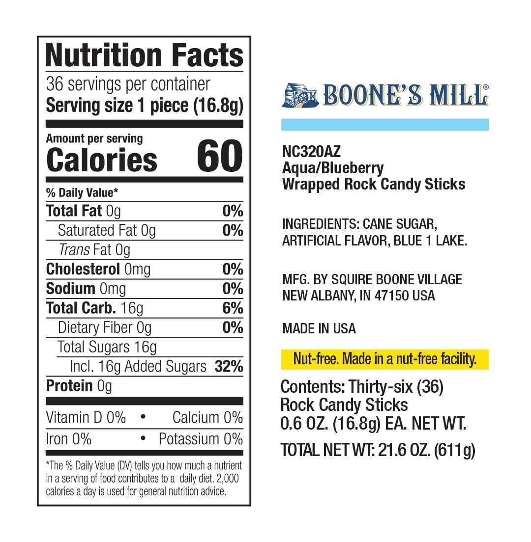 Boone's Mill Blue Blueberry rock candy stick made in USA, festive table accent
