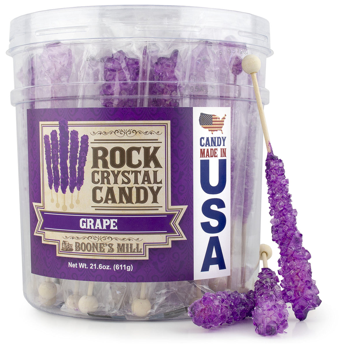 Boone's Mill purple grape rock candy stick in a 36-count package, vibrant crystals for colorful displays