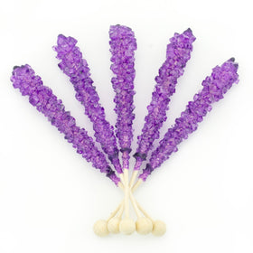 Closeup of Boone's Mill purple grape rock candy wrappers showing crystal shine and clarity