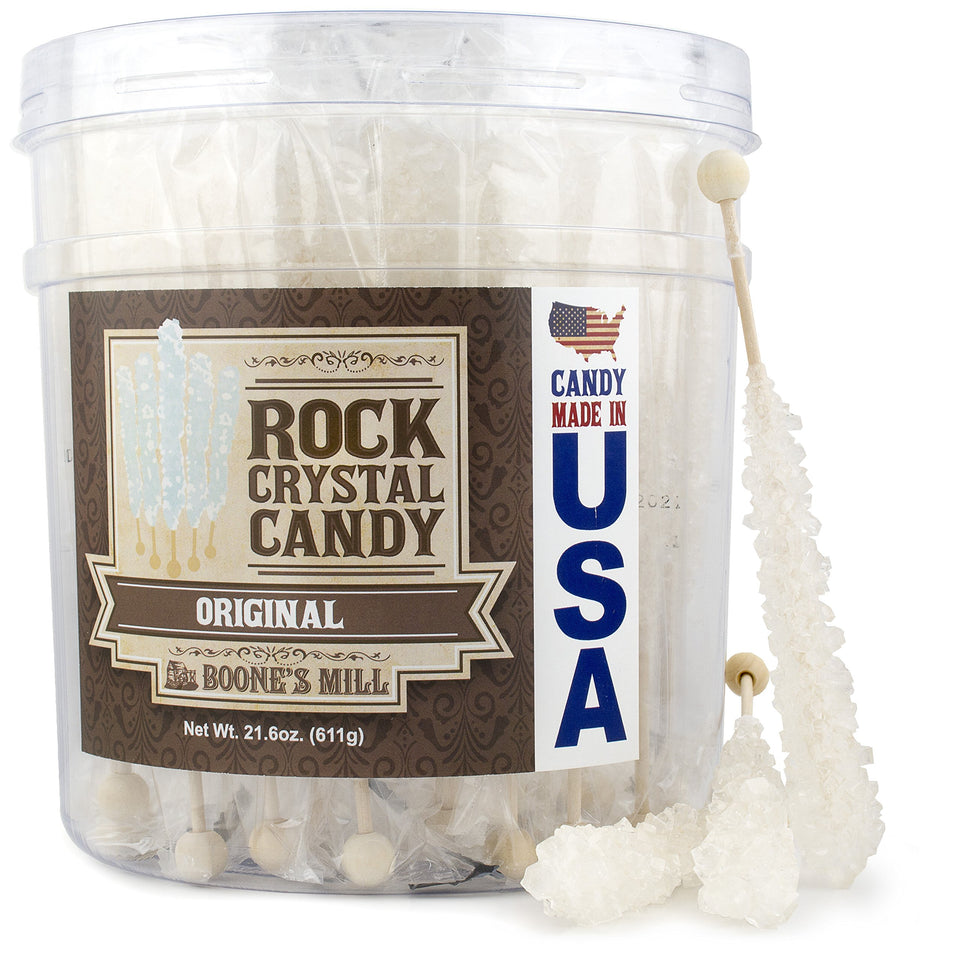 Boone's Mill rock crystal candy stick in clear wrapper, showing bright white crystals.