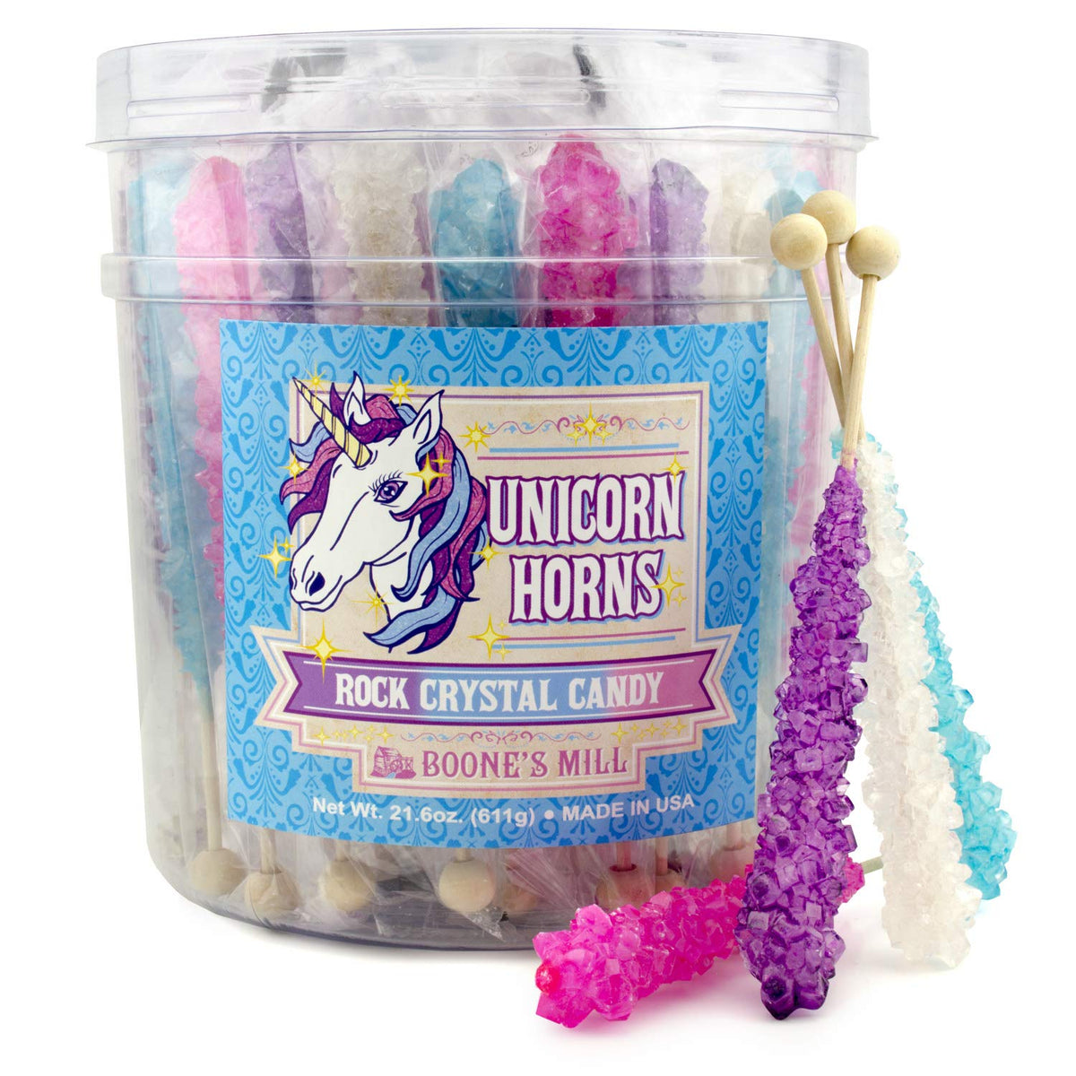 Boone's Mill Unicorn Party Rock Candy Sticks Blueberry flavor with sparkling crystals for a colorful party display.