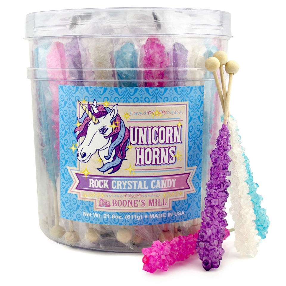 Boone's Mill Unicorn Party Rock Candy Sticks Blueberry flavor with sparkling crystals for a colorful party display.