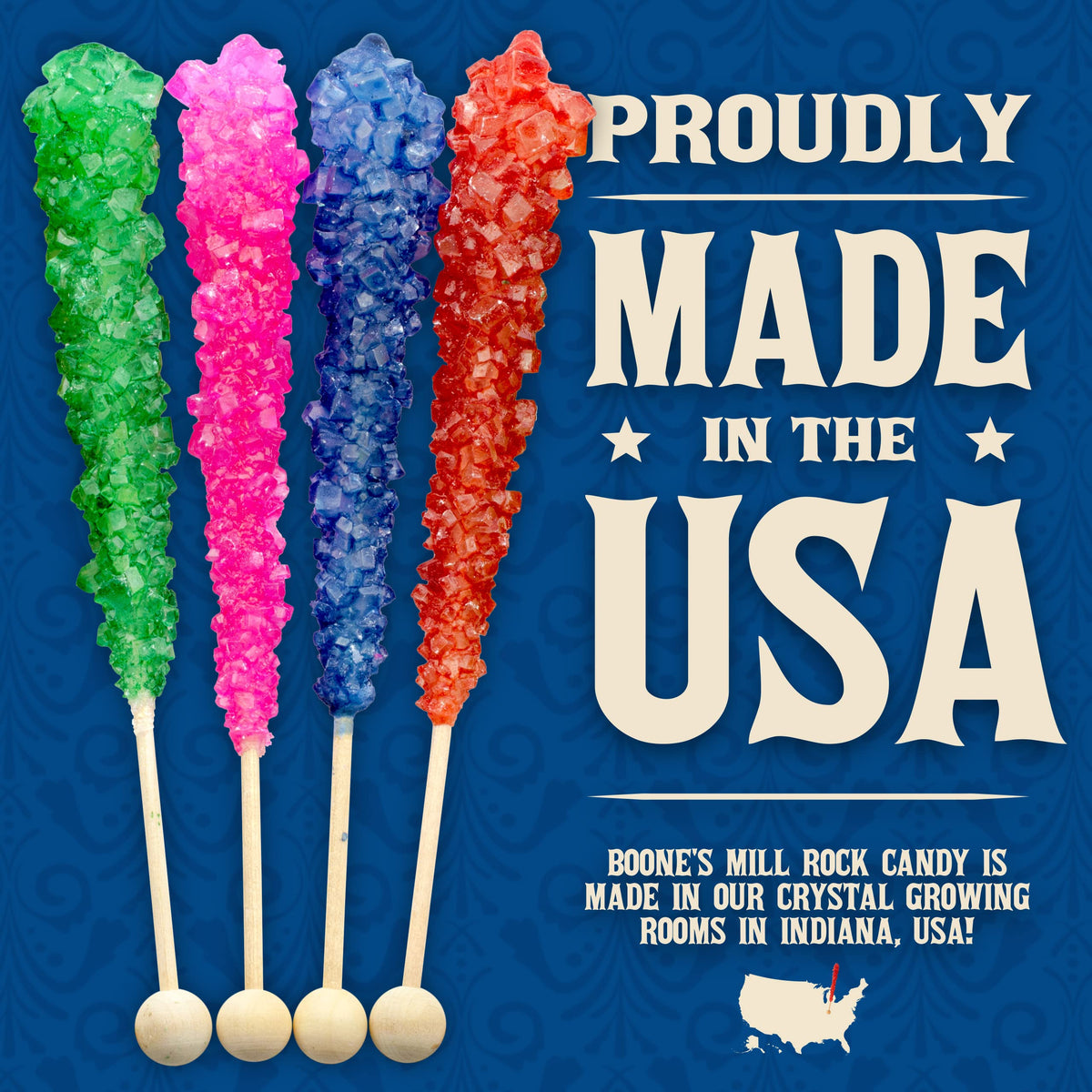 Boone's Mill candy sticks with clear wrappers showcasing vibrant crystal colors for decor.