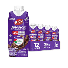 BOOST Advanced Nutritional Protein Shake rich chocolate carton on shelf for on-the-go protein