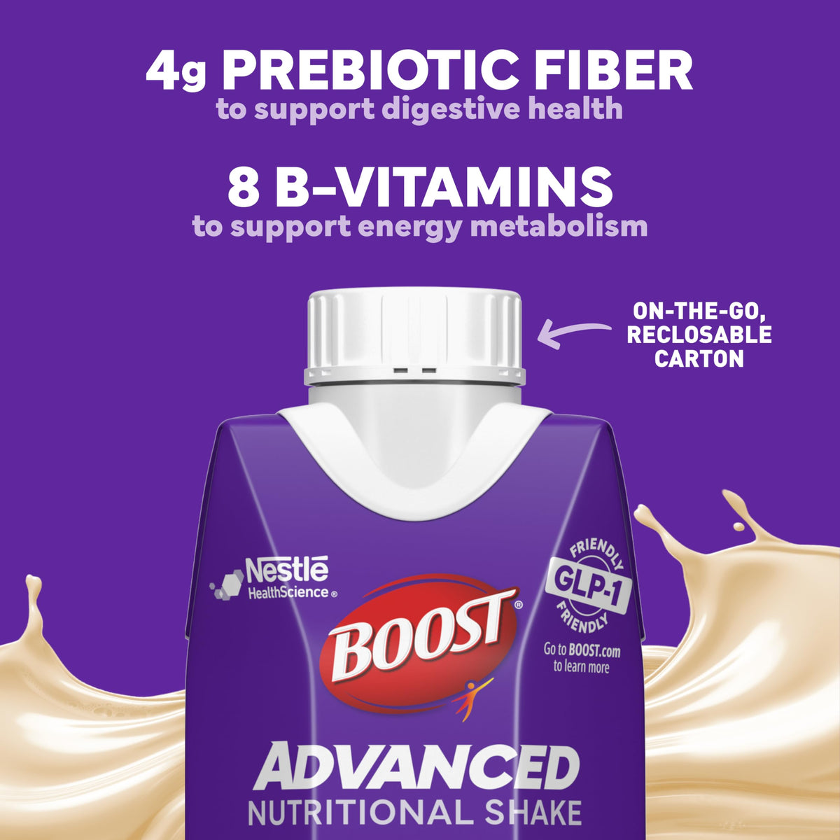 BOOST Shake nutrition label close-up shows 8 B vitamins and fiber.