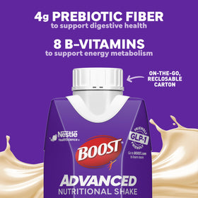 BOOST Shake nutrition label close-up shows 8 B vitamins and fiber.