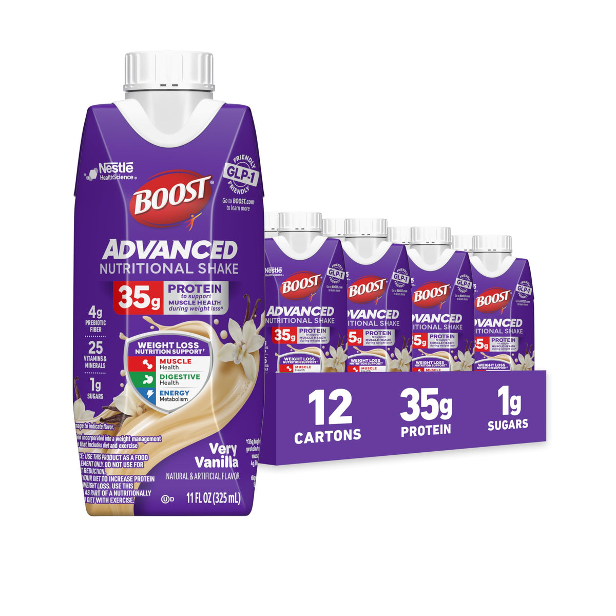 BOOST Advanced Protein Shake Vanilla carton being poured for convenient GLP-1 friendly nutrition.