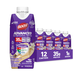 BOOST Advanced Protein Shake Vanilla carton being poured for convenient GLP-1 friendly nutrition.