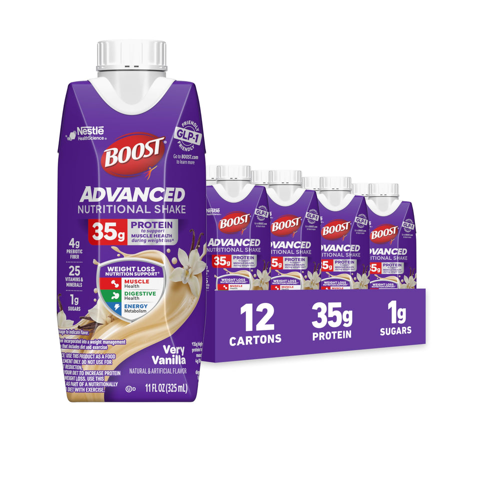 BOOST Advanced Protein Shake Vanilla carton being poured for convenient GLP-1 friendly nutrition.