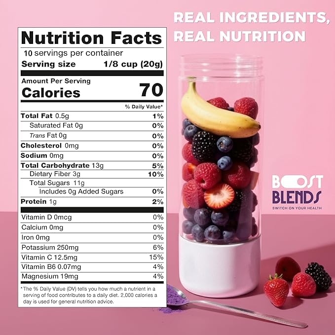 BOOST BLENDS Berry Blast ingredients close-up emphasizes real fruit content.
