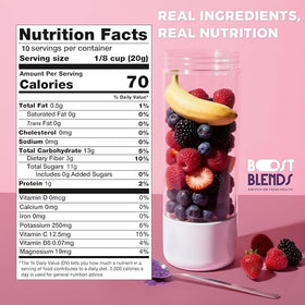 BOOST BLENDS Berry Blast ingredients close-up emphasizes real fruit content.