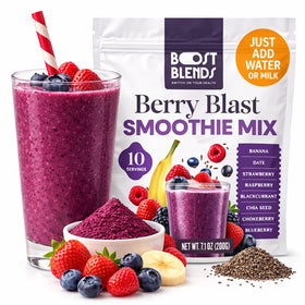BOOST BLENDS Berry Blast packaging highlights real fruit and convenient freeze-dried powder.