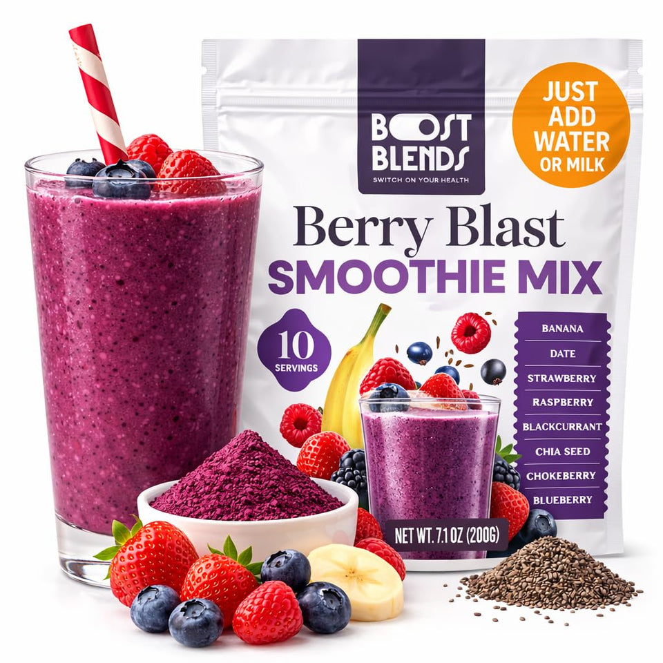 BOOST BLENDS Berry Blast packaging highlights real fruit and convenient freeze-dried powder.