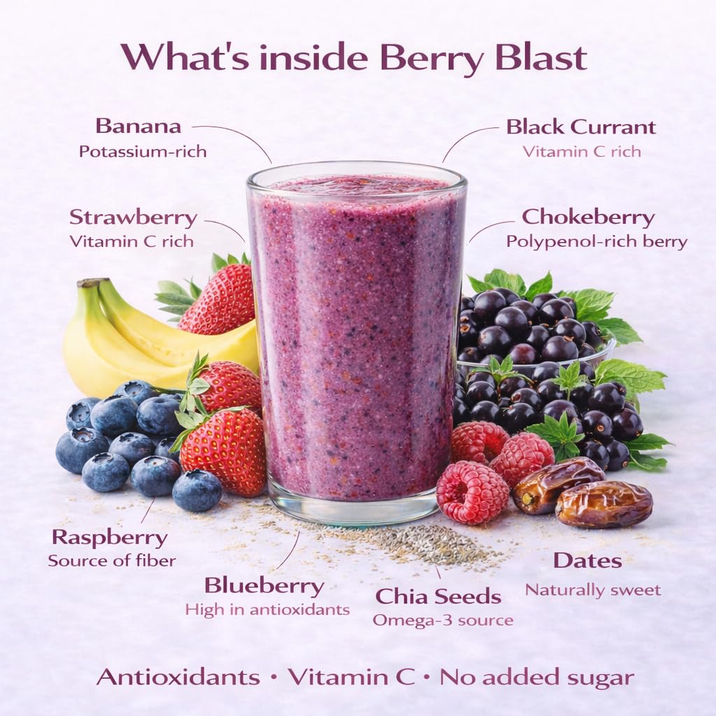 BOOST BLENDS Berry Blast powder being poured creates a quick smoothie base.