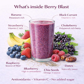 BOOST BLENDS Berry Blast powder being poured creates a quick smoothie base.