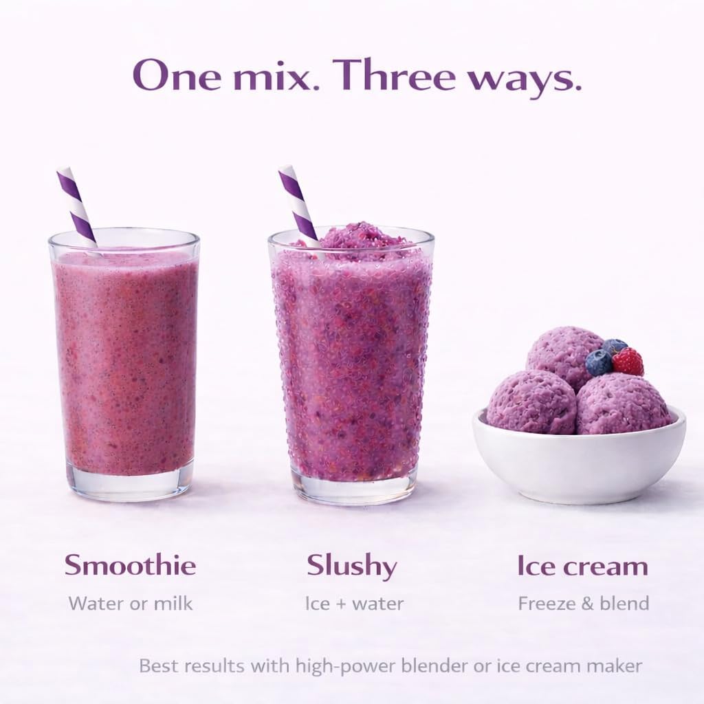 BOOST BLENDS Berry Blast smoothie glass shows a ready-to-mix drink in seconds.
