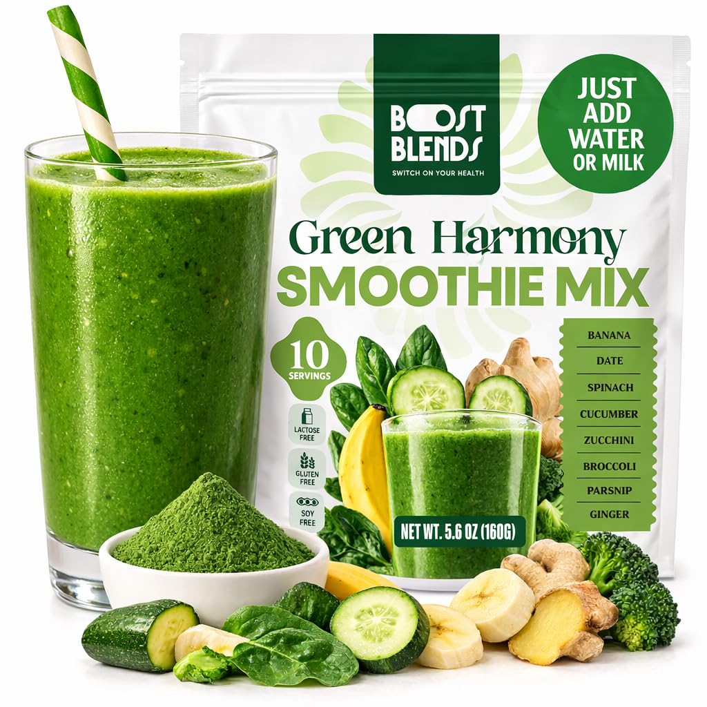 Boost Blends Green Smoothie Powder bottle with real greens and fruits for quick nourishment