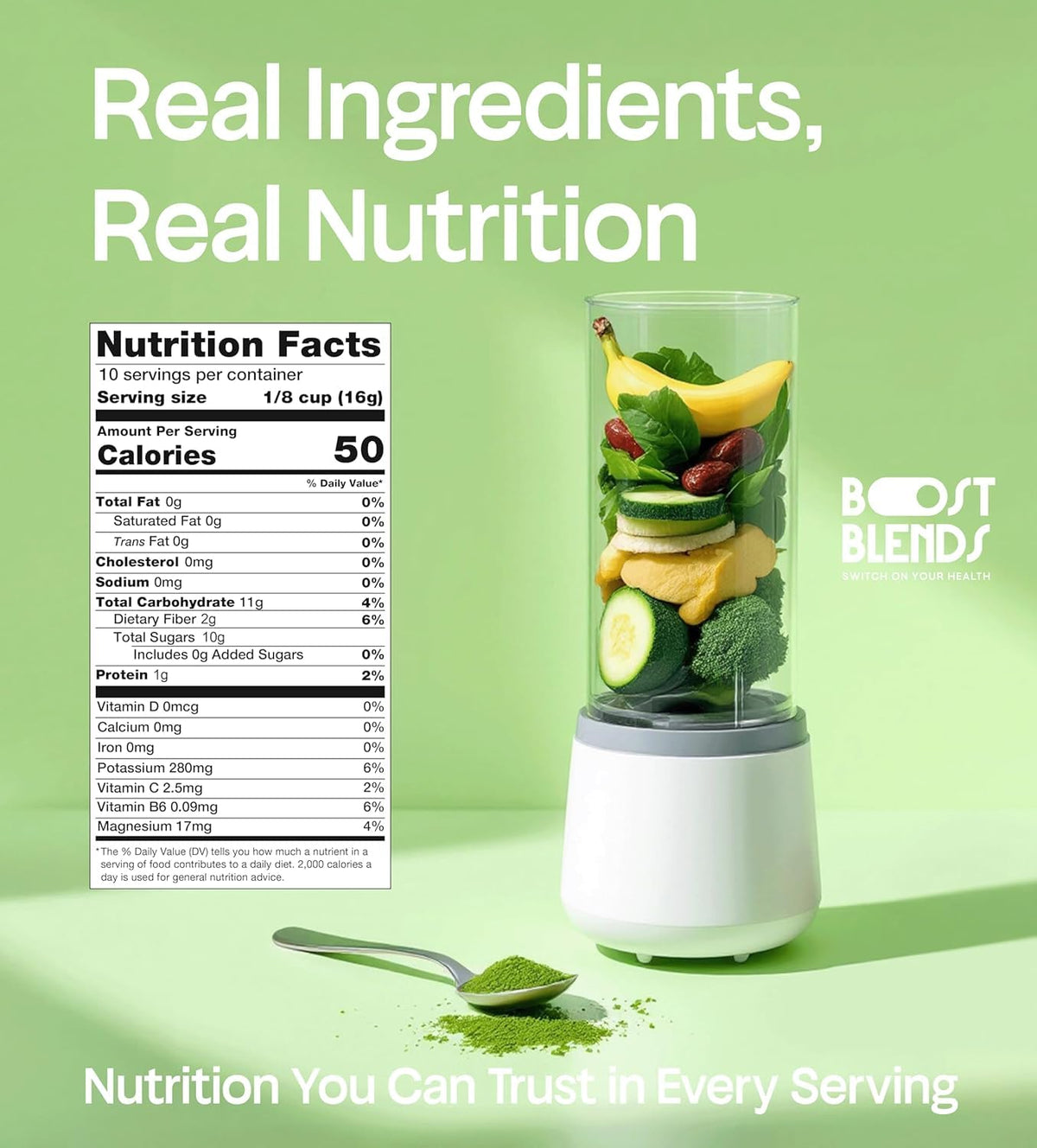Boost Blends no added sugar icon communicates clean label