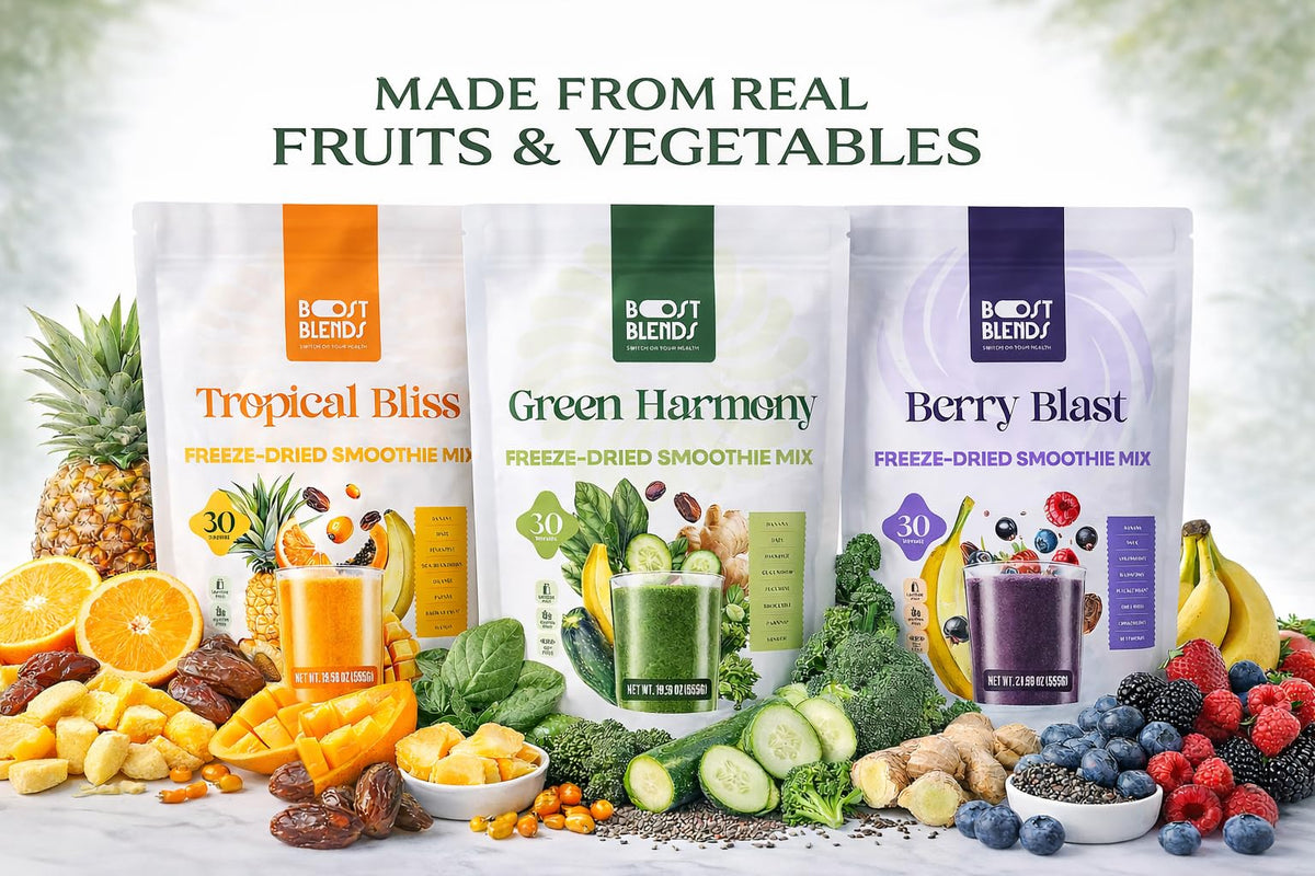 Boost Blends serving suggestion bowl with smoothie illustrates meal idea