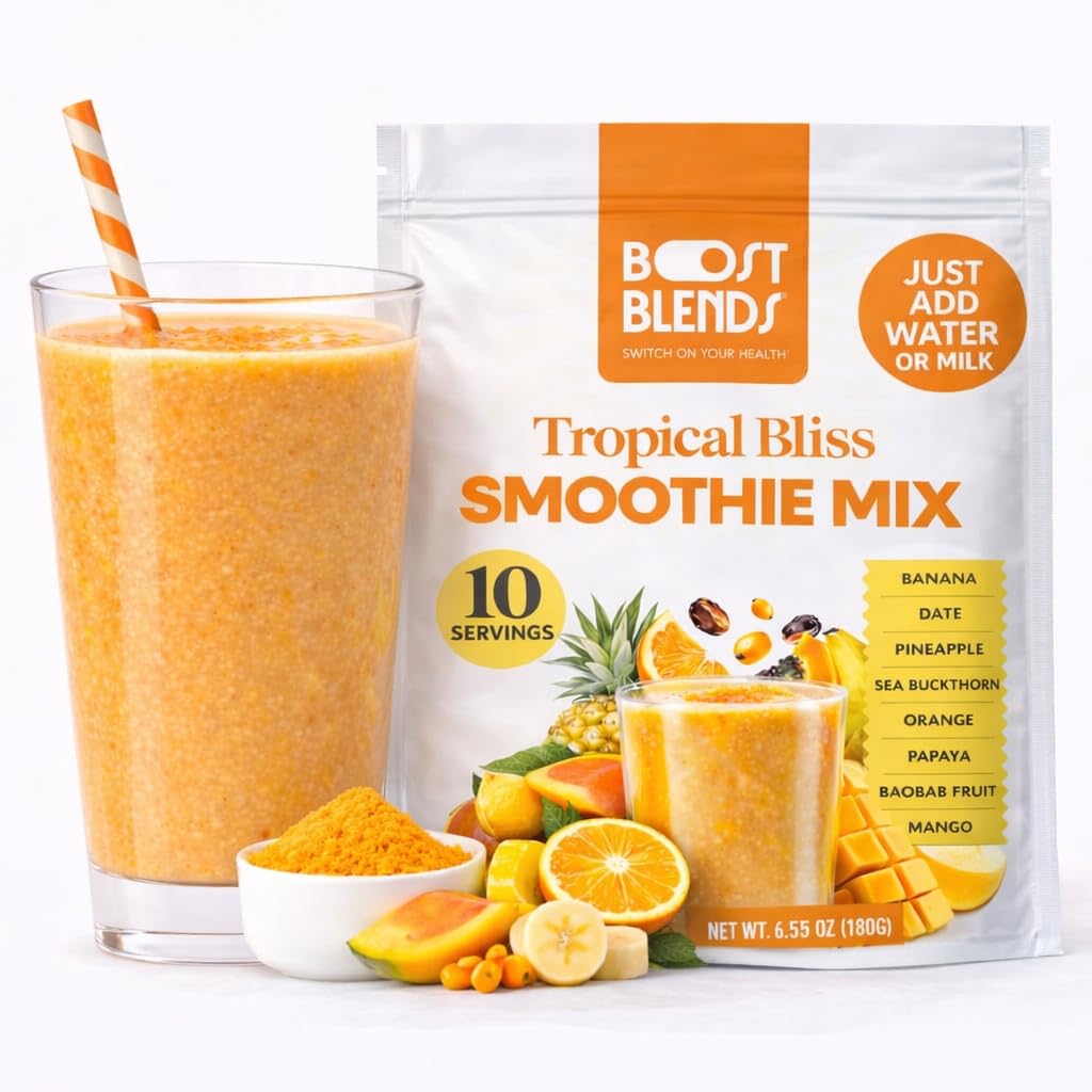 Boost Blends Tropical Smoothie Powder pack for convenient real-fruit smoothies