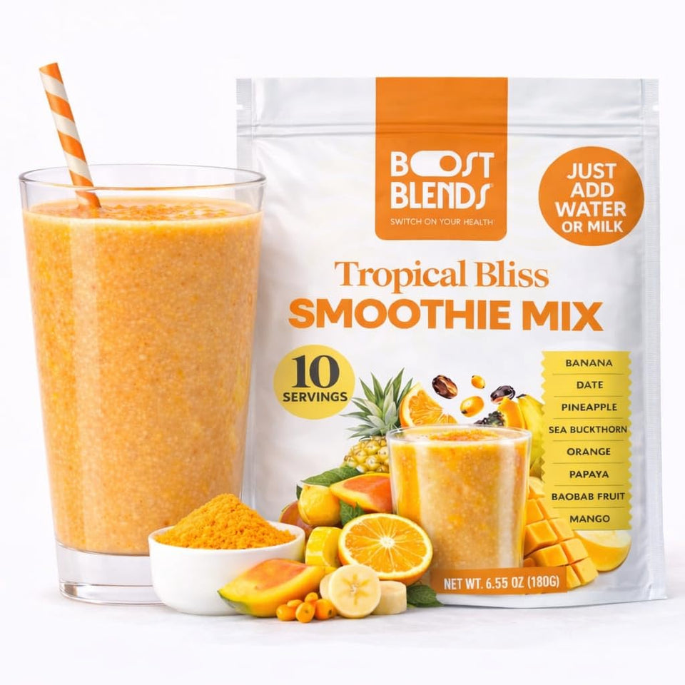 Boost Blends Tropical Smoothie Powder pack for convenient real-fruit smoothies