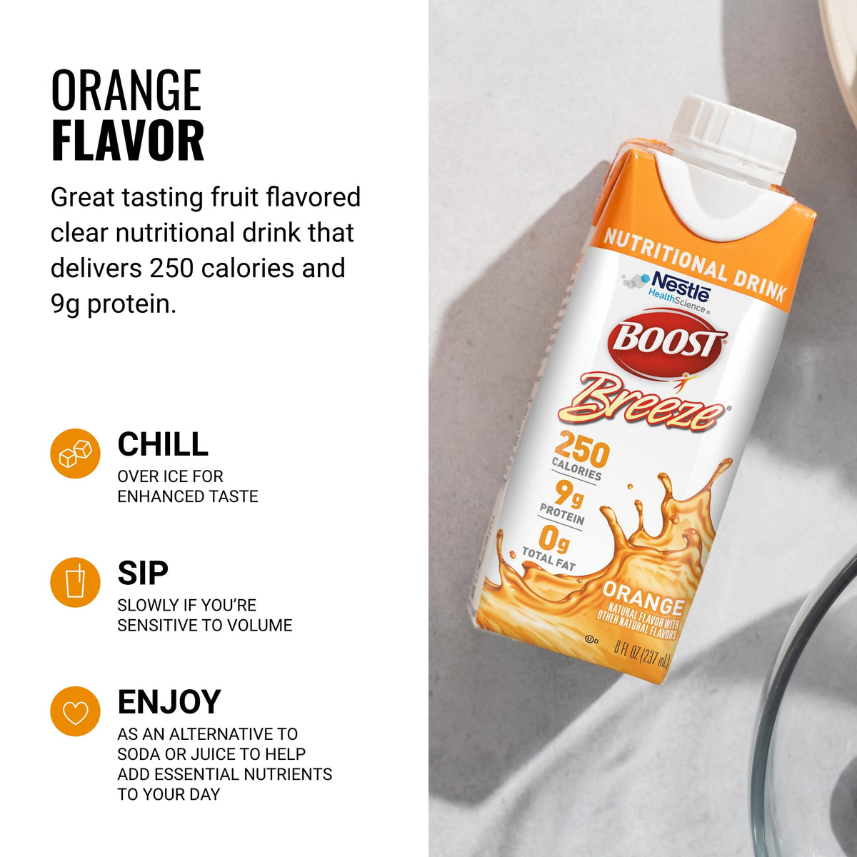 BOOST Breeze Clear bottle closeup label underlines gluten-free and lactose-friendly profile