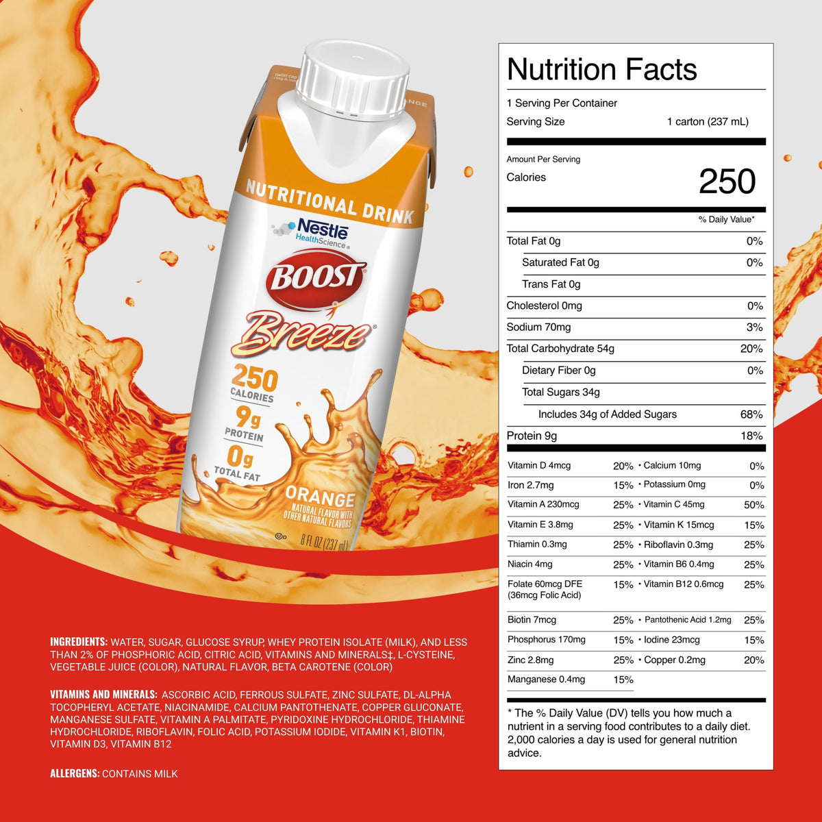 BOOST Breeze Clear orange bottle label shows 250 calories and 9 g protein