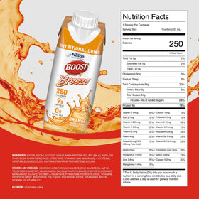 BOOST Breeze Clear orange bottle label shows 250 calories and 9 g protein