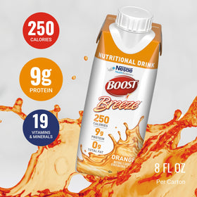 BOOST Breeze nutrition facts icon showing 9 g protein and 250 calories per serving
