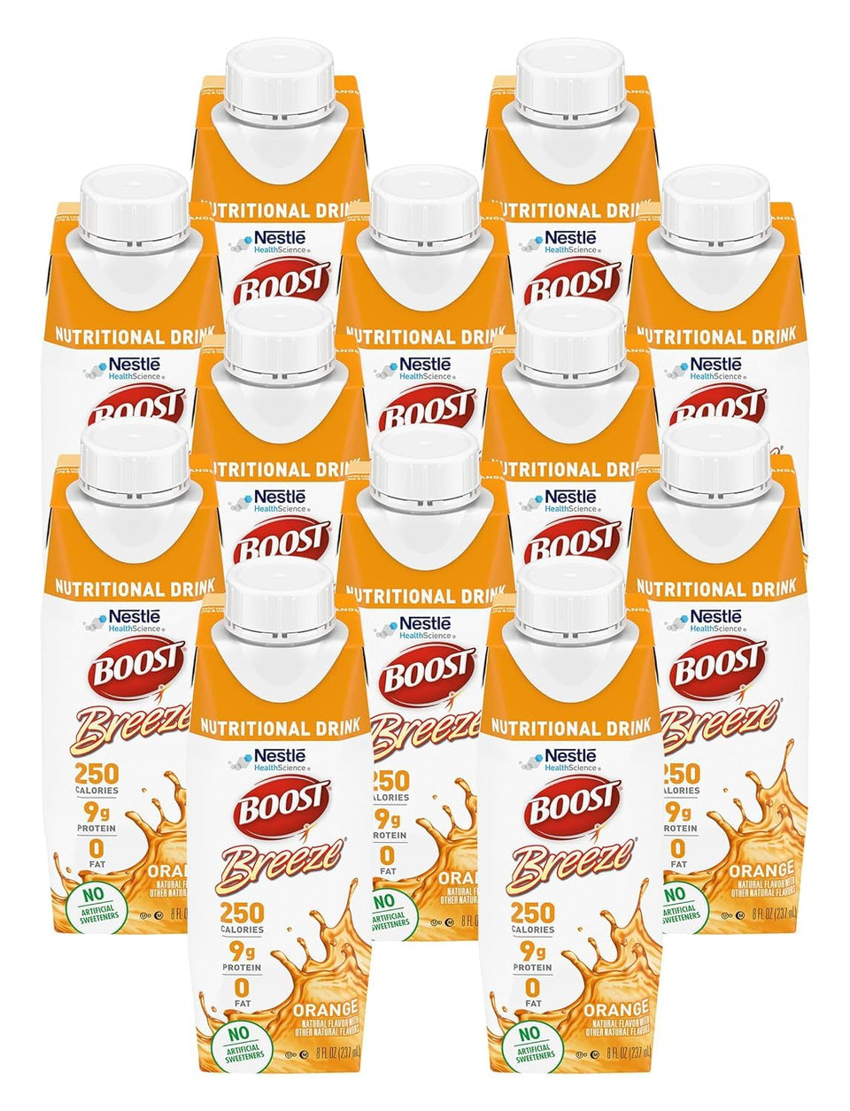 Boost Breeze orange bottle front showing 9 g whey protein per serving.