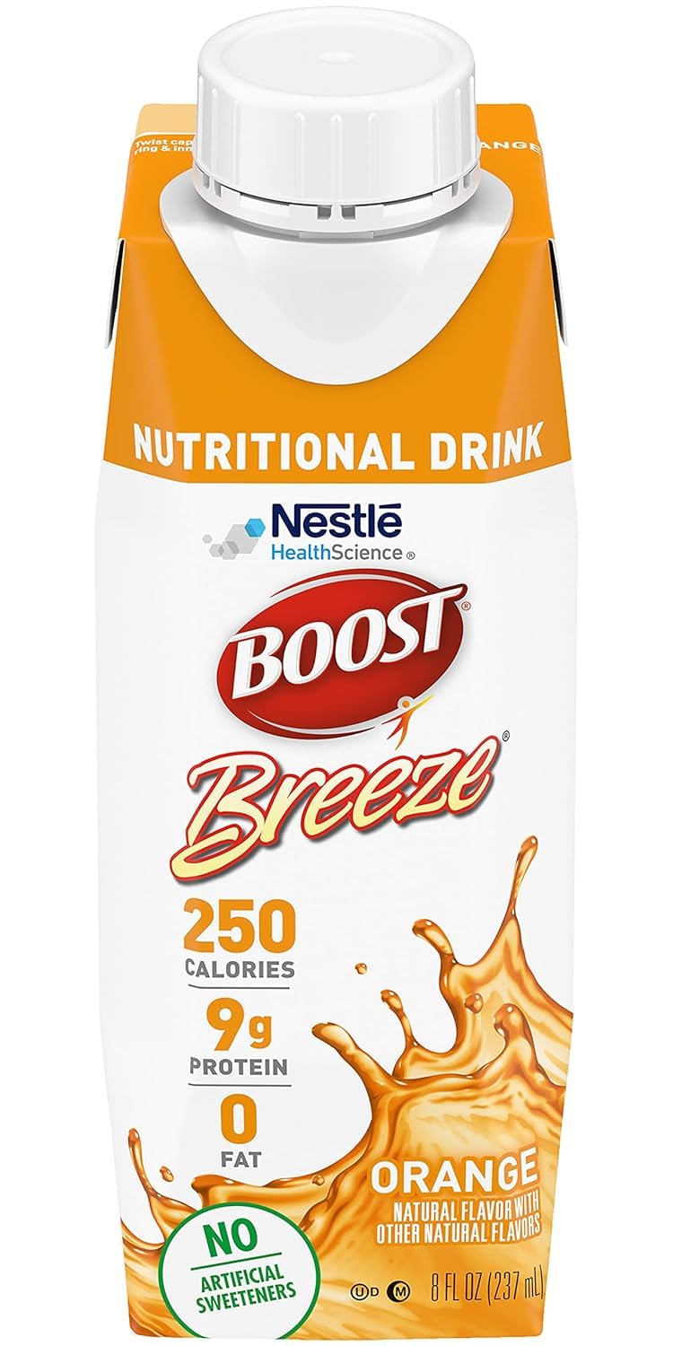 Boost Breeze orange bottle being poured to reveal fruity, convenient nutrition.