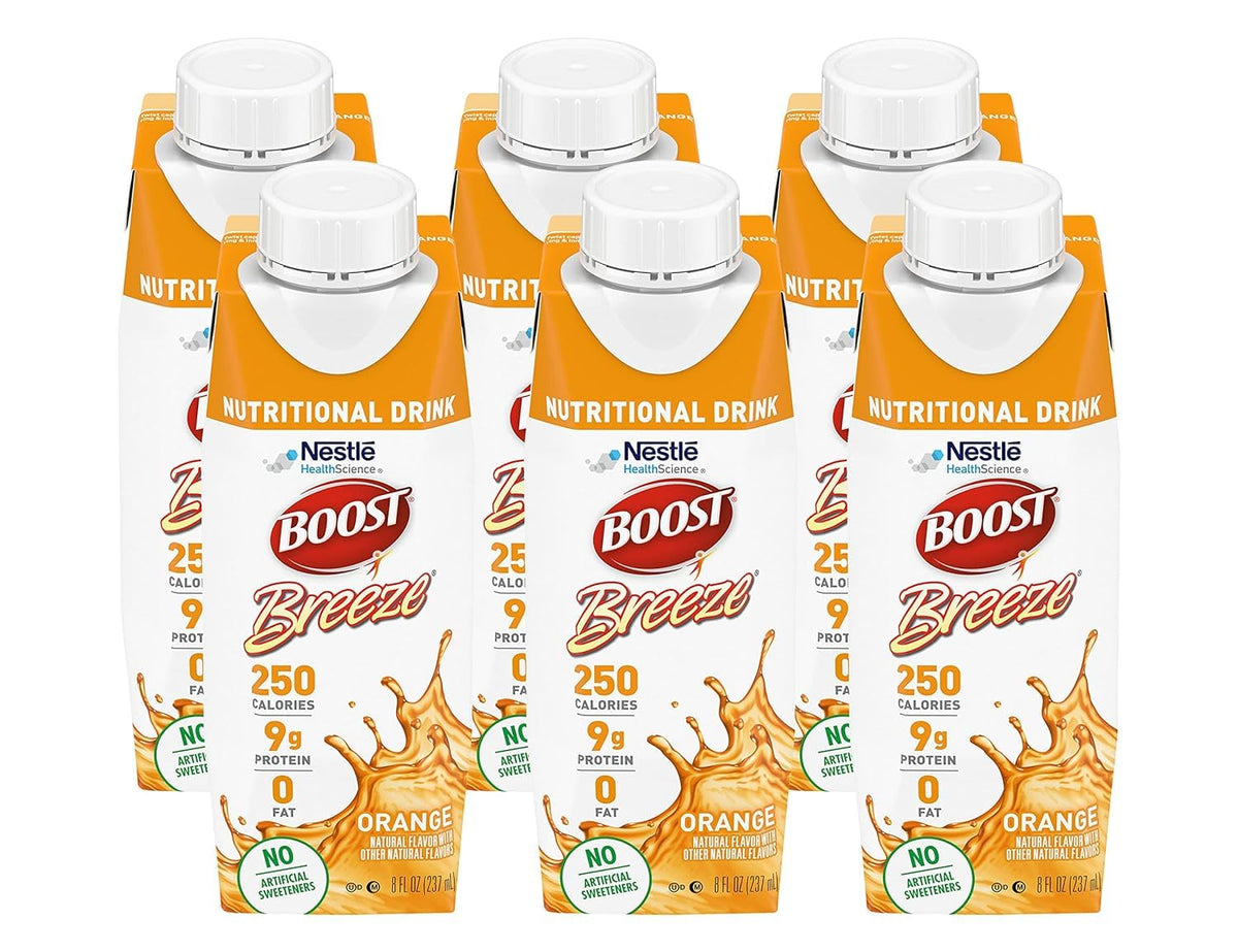 BOOST Breeze orange bottle ready for on-the-go nutrition.