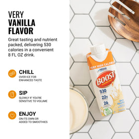 BOOST calorie-dense snack on a table with assorted foods for a balanced moment.