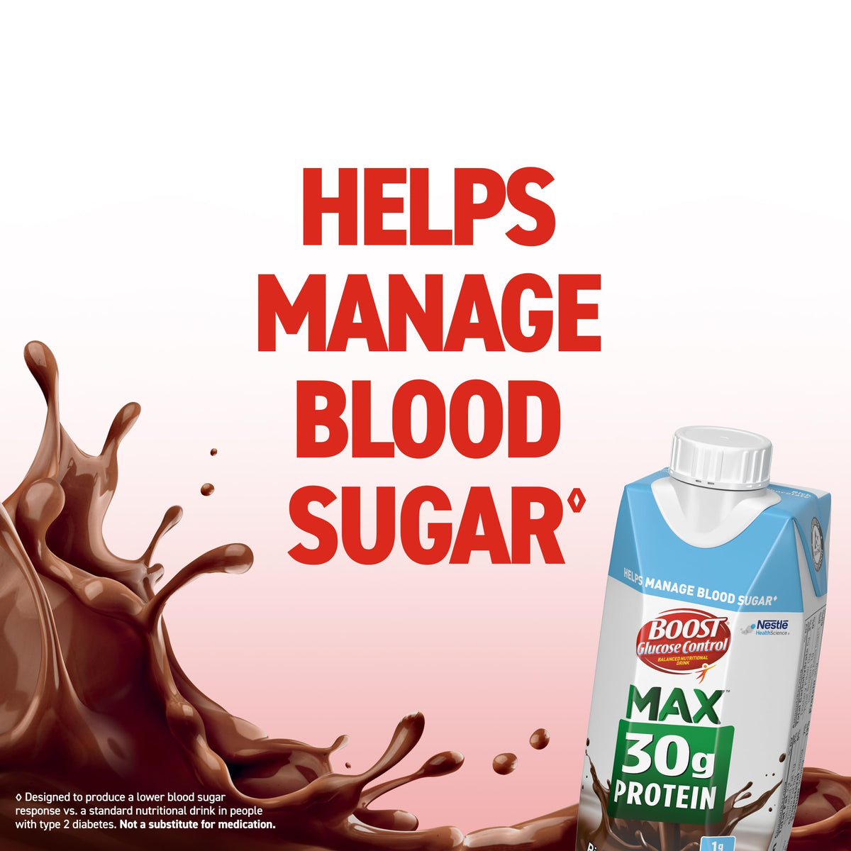 BOOST Glucose Control Max nutrition facts highlight 30g protein and 160 calories