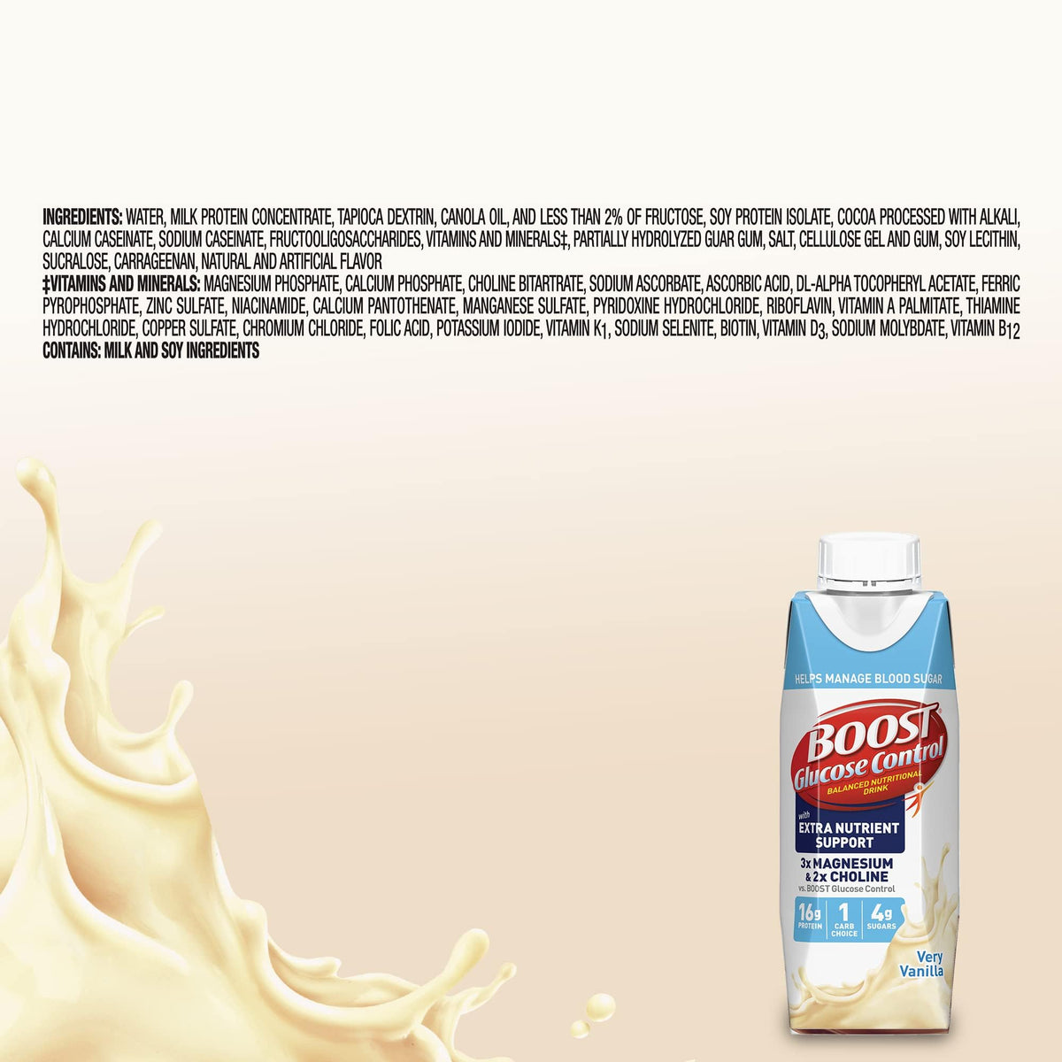 BOOST Glucose Control nutrition facts panel highlights vitamins and minerals.
