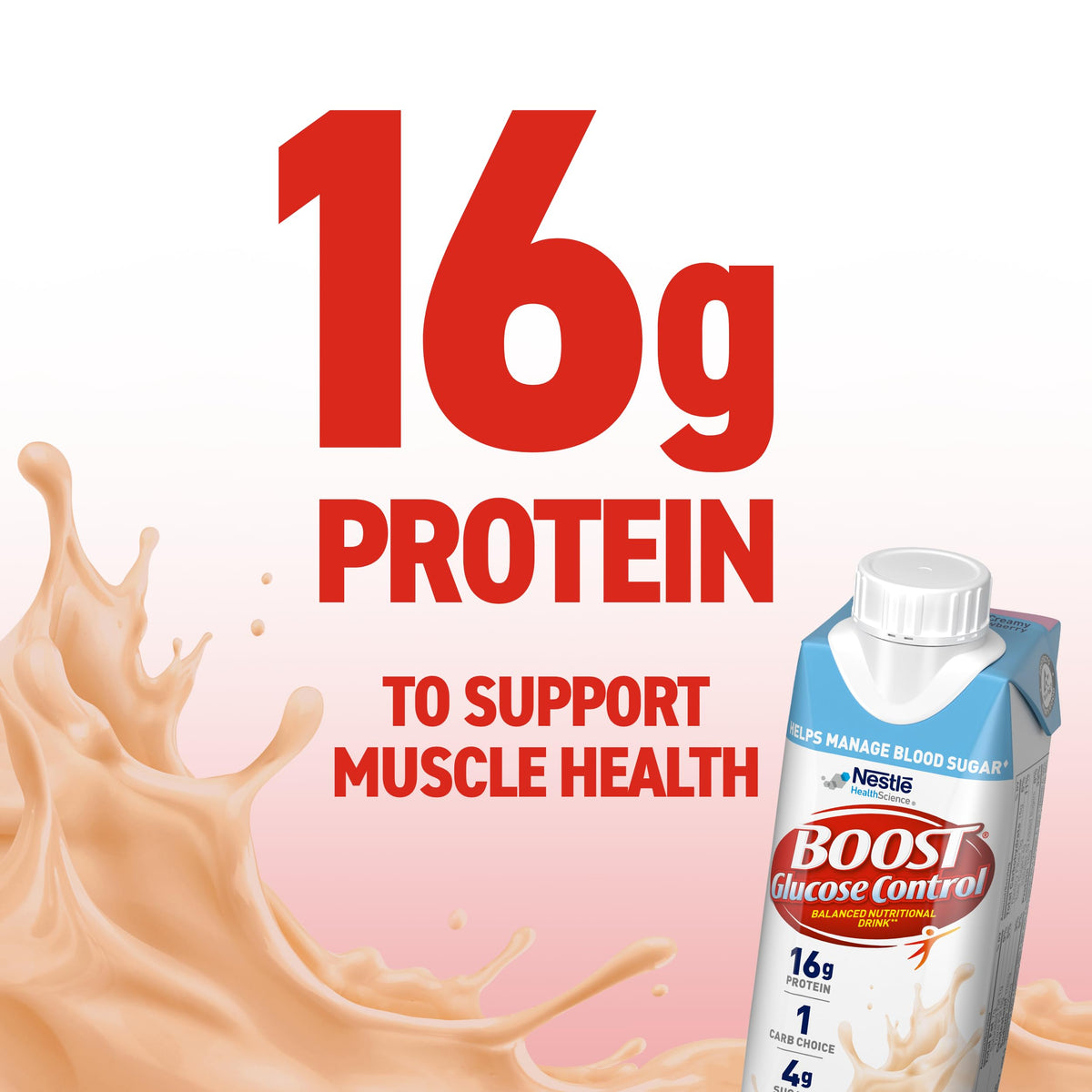 BOOST Glucose Control nutrition panel close-up highlighting 16 g protein and low sugar