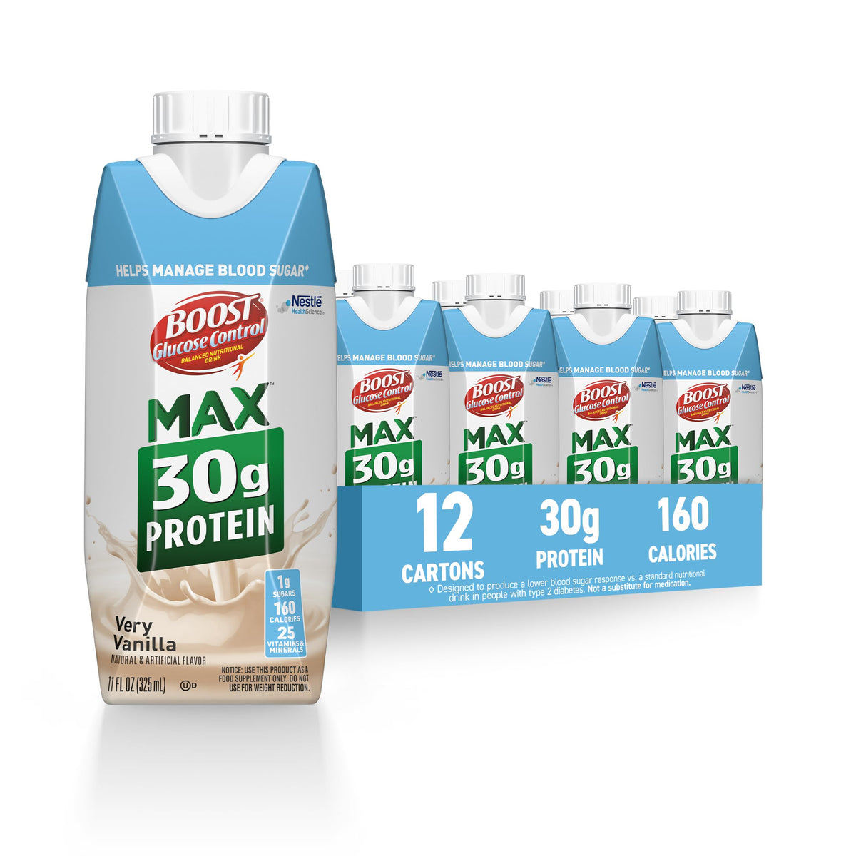 BOOST Glucose Control vanilla bottle displaying 30g protein for satiety.