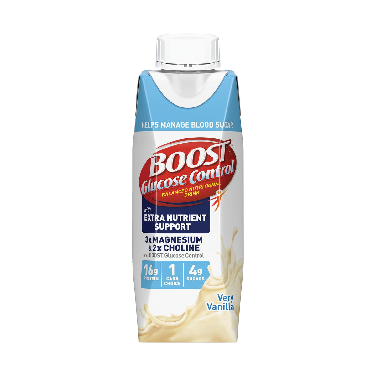 BOOST Glucose Control vanilla drink being poured for daily balanced nutrition.